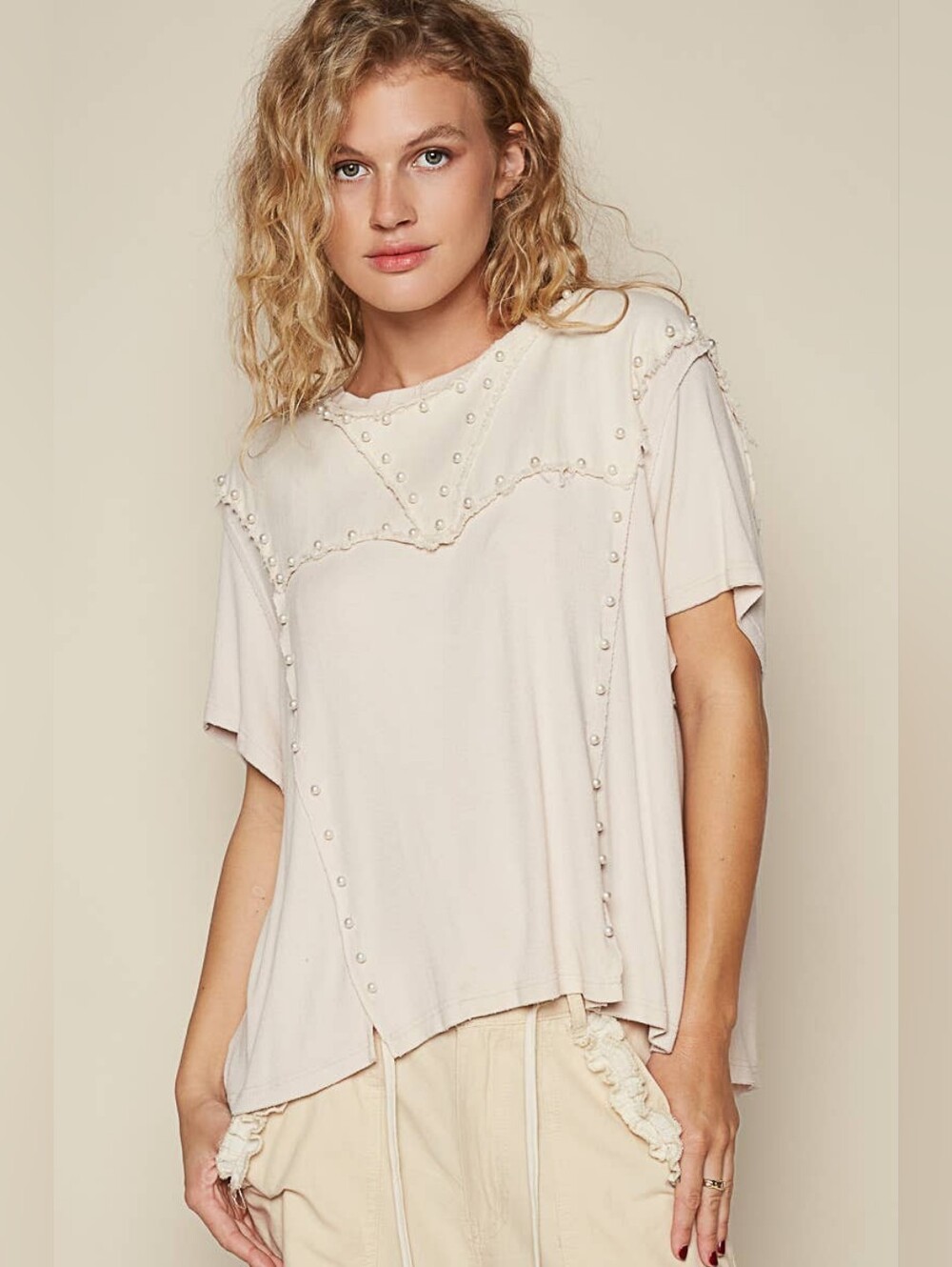 POL Pearl Embellished Distressed Tee - Cream